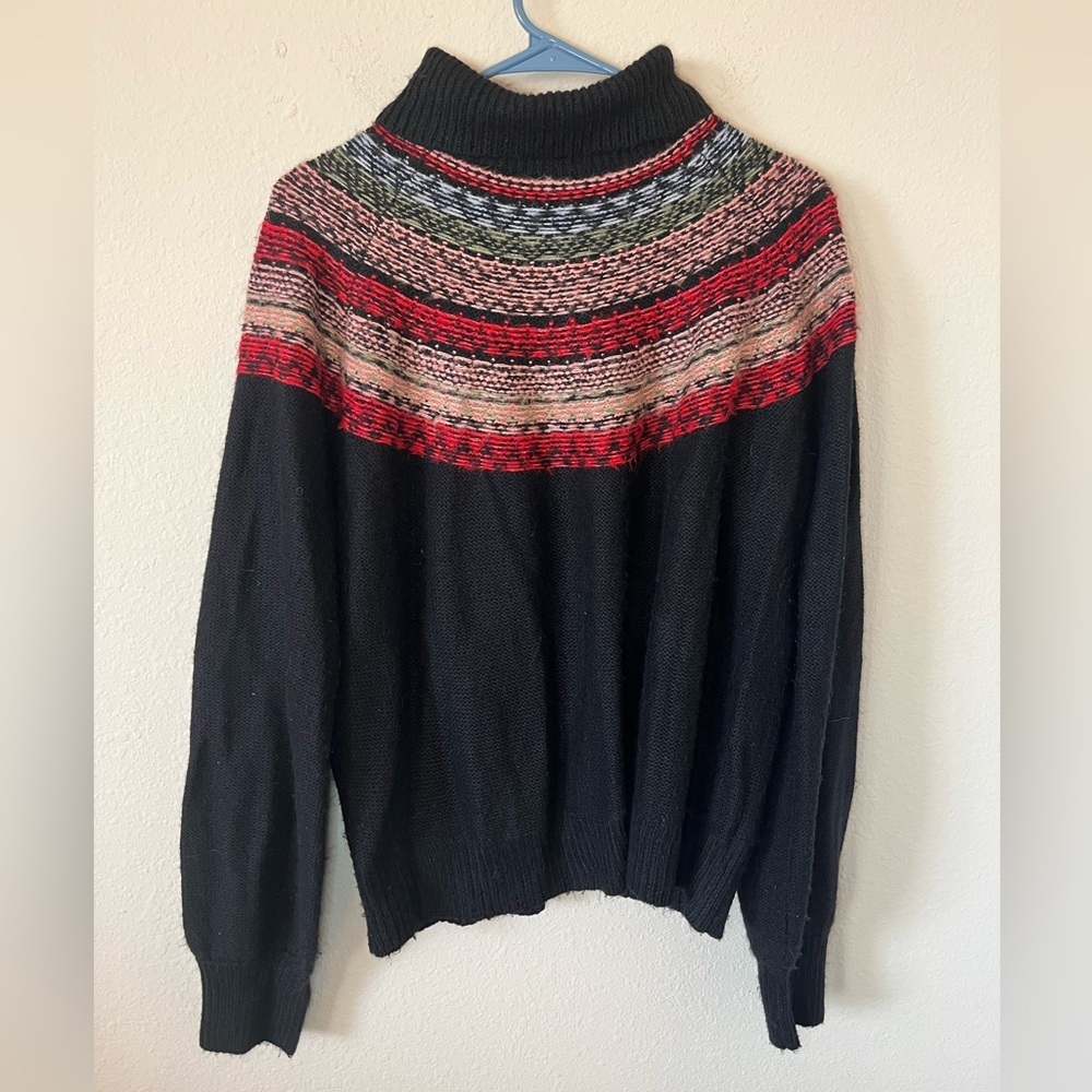 black turtleneck with colorful striped shoulder line , Size L